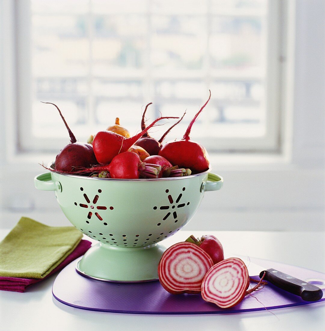 Red turnips in a colander