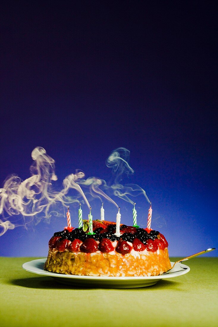 A birthday cake with blown out candles