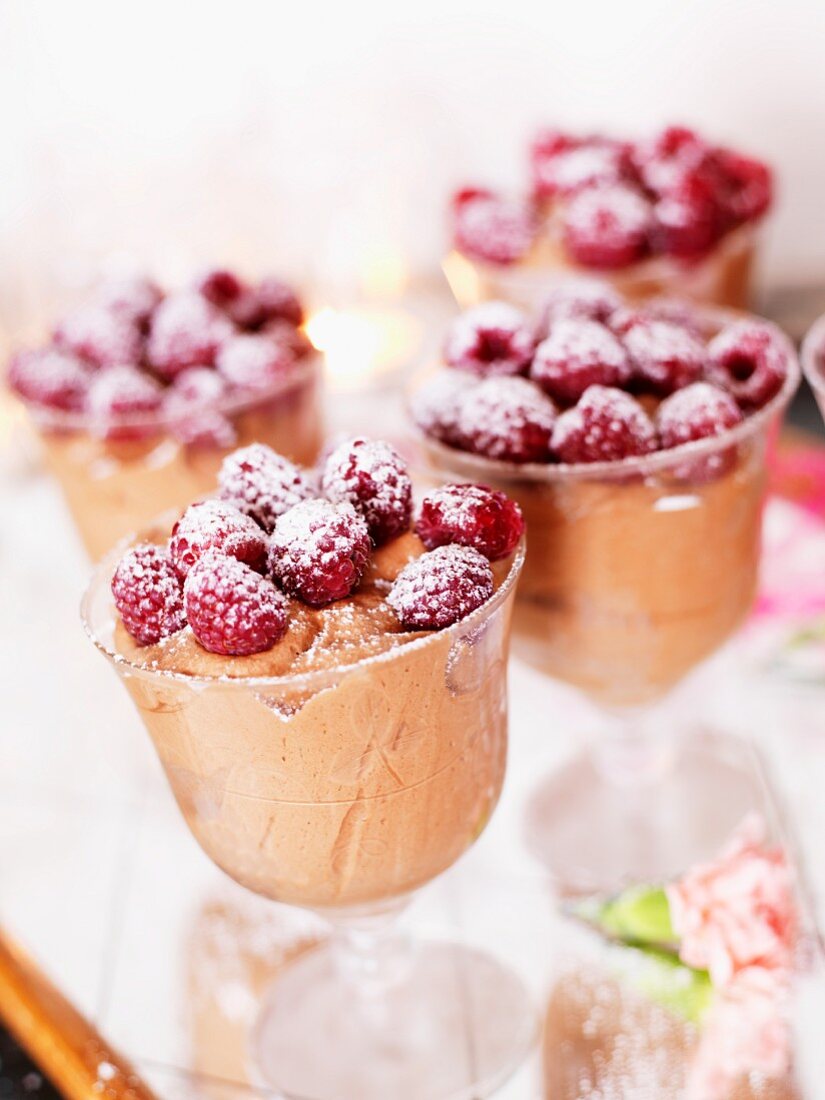 Chocolate dessert with raspberries and icing sugar