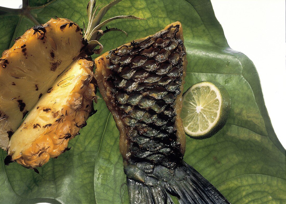 Grilled Parrot Fish Fillet and Pineapple on a Leaf