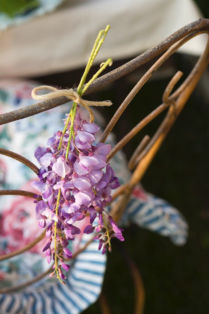 Sprigs of purple flowers tied to backrest of metal chair