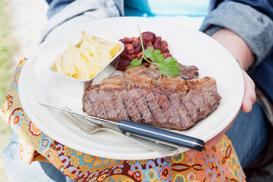 A person holding a plate of grilled beefsteak