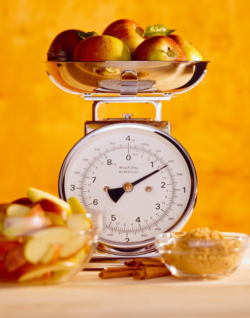 Ingredients for apple crumble with kitchen scales