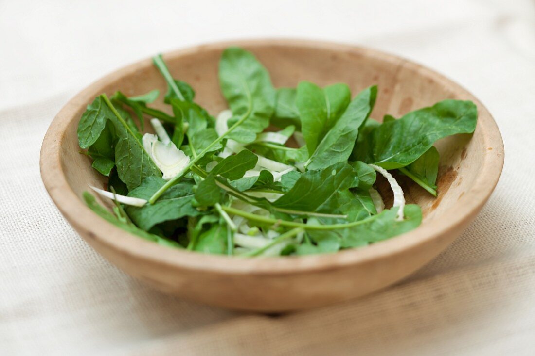 Simple Arugula and Fennel Salad in a Wooden Bowl