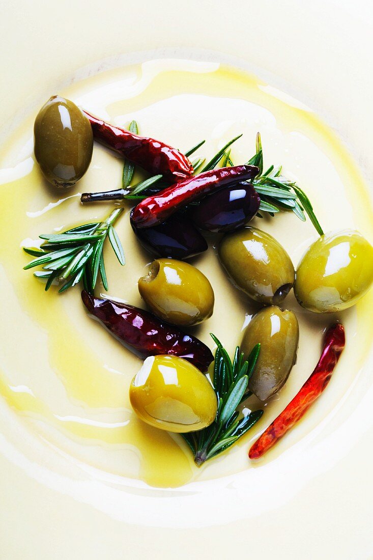 Olives, Rosemary and Peppers in Olive Oil