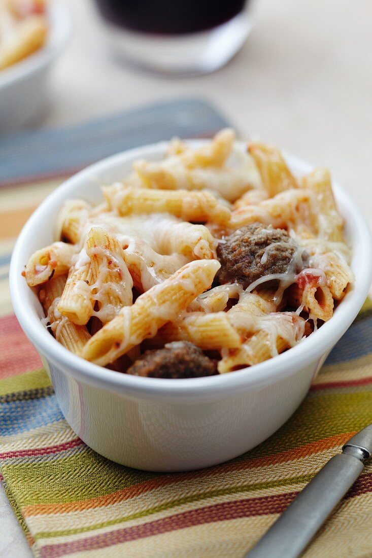Individual Baked Penne with Meatballs