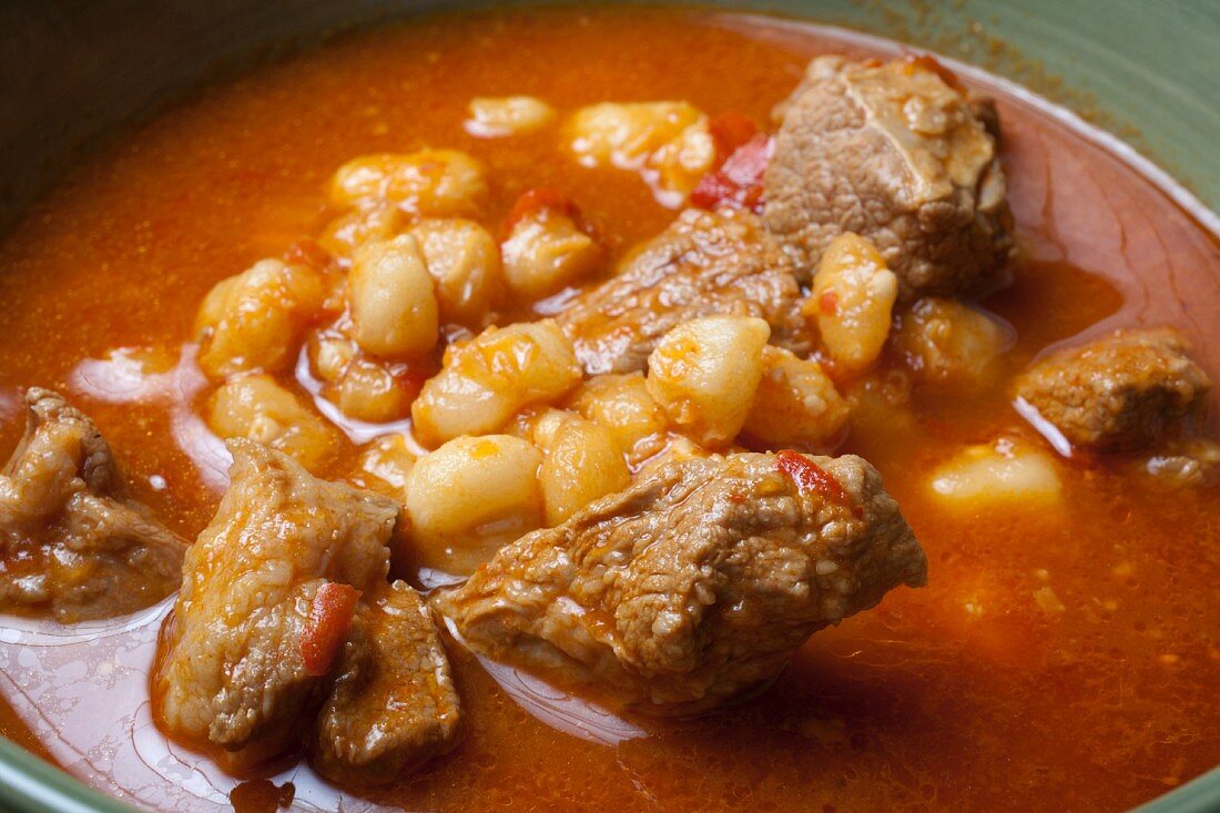 Pot of Red Posole with Pork; Mexican Hominy Stew