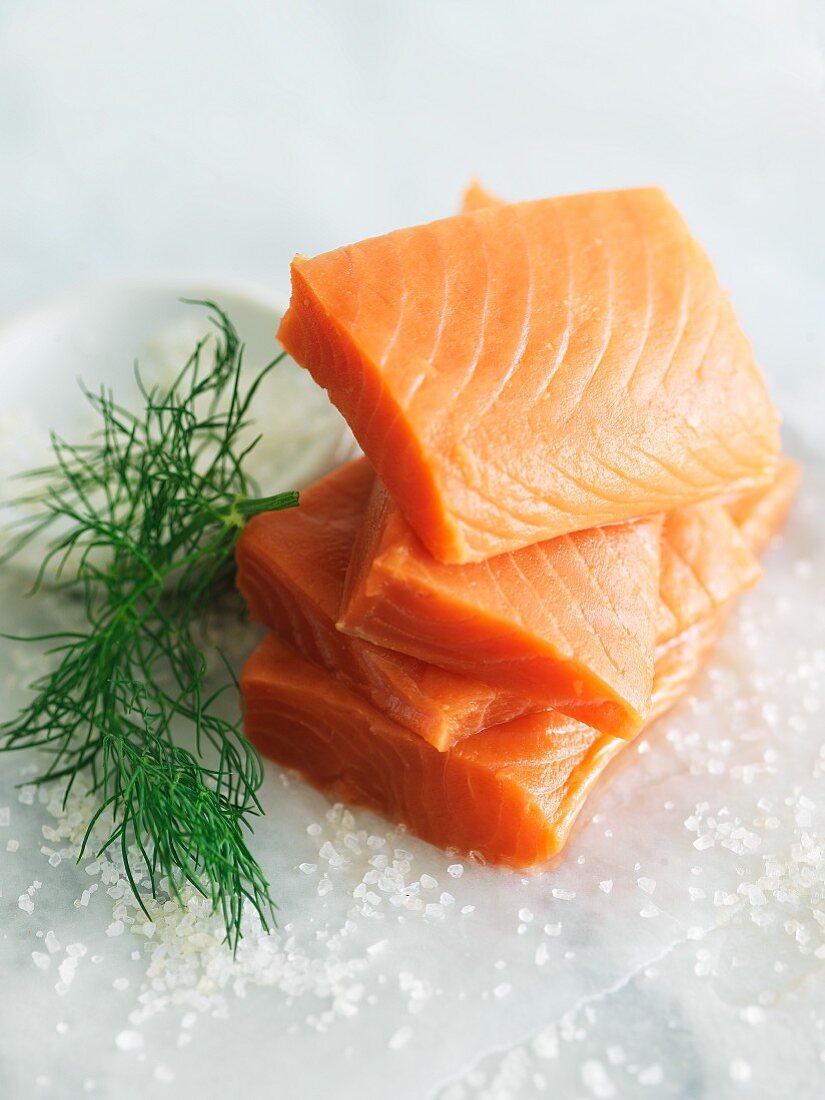 Raw Salmon on Wax Paper; Dill and Sea Salt