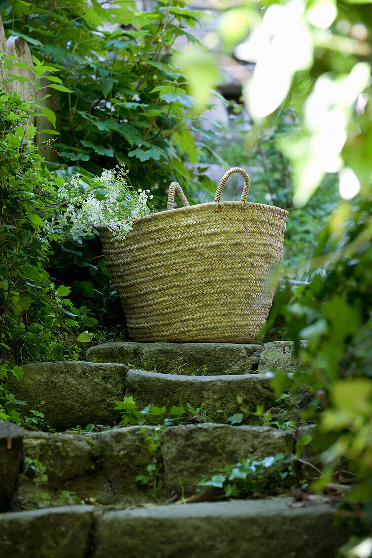 Woven basket with white flowers on stone steps