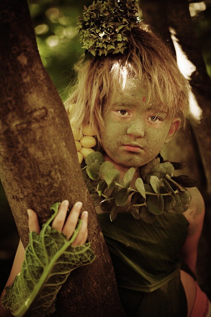 Wood Nymph Girl in Forest with Cabbage Leaves and Eucalyptus