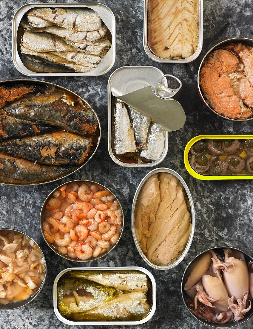 Fische und Meeresfrüchte in geöffneten Konservendosen