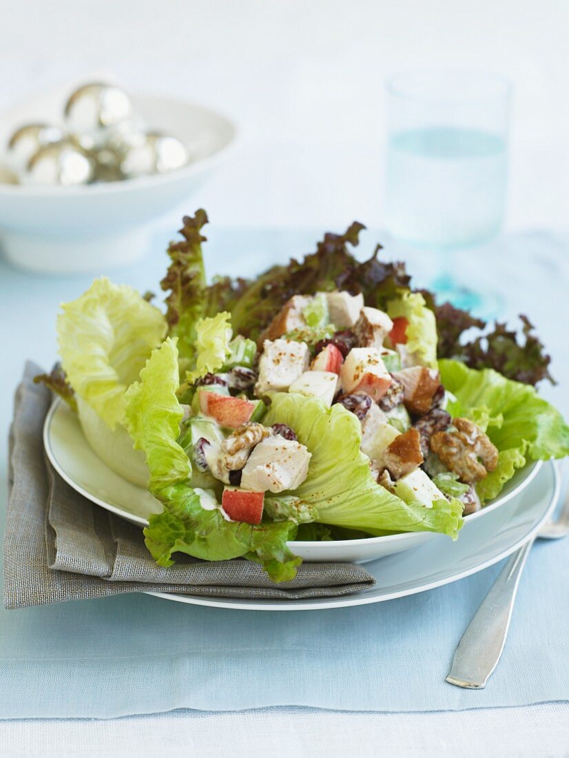 Chicken Salad with Apples and Walnuts Served on Lettuce Leaves