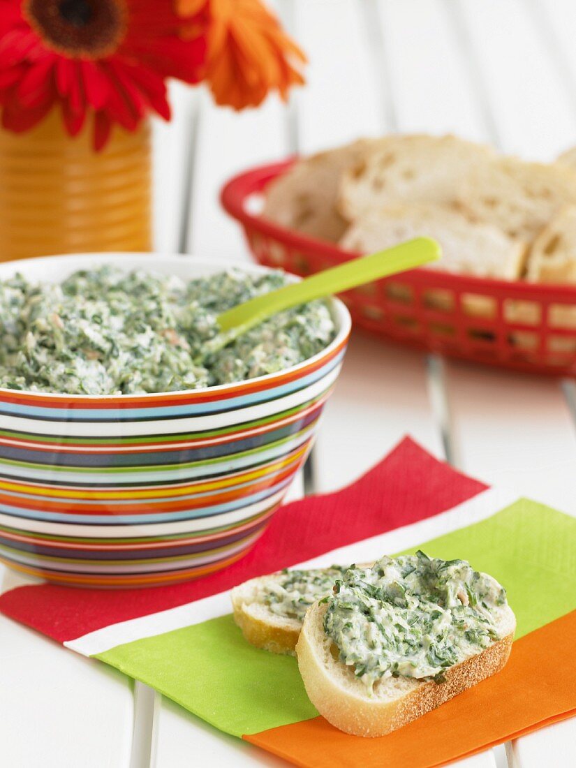 Spinach Dip Spread on Two Slices of Bread; Spinach Dip; Bread Slices