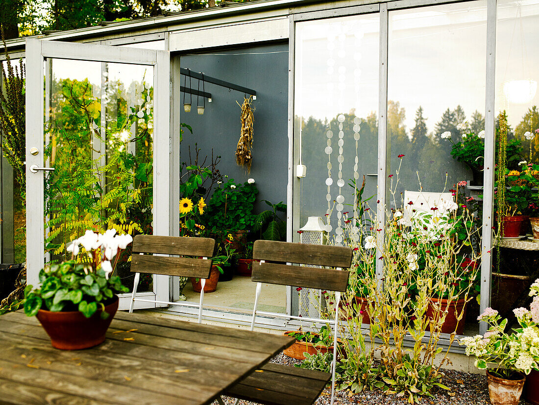 Terrace with wooden furniture and plants in front of a conservatory