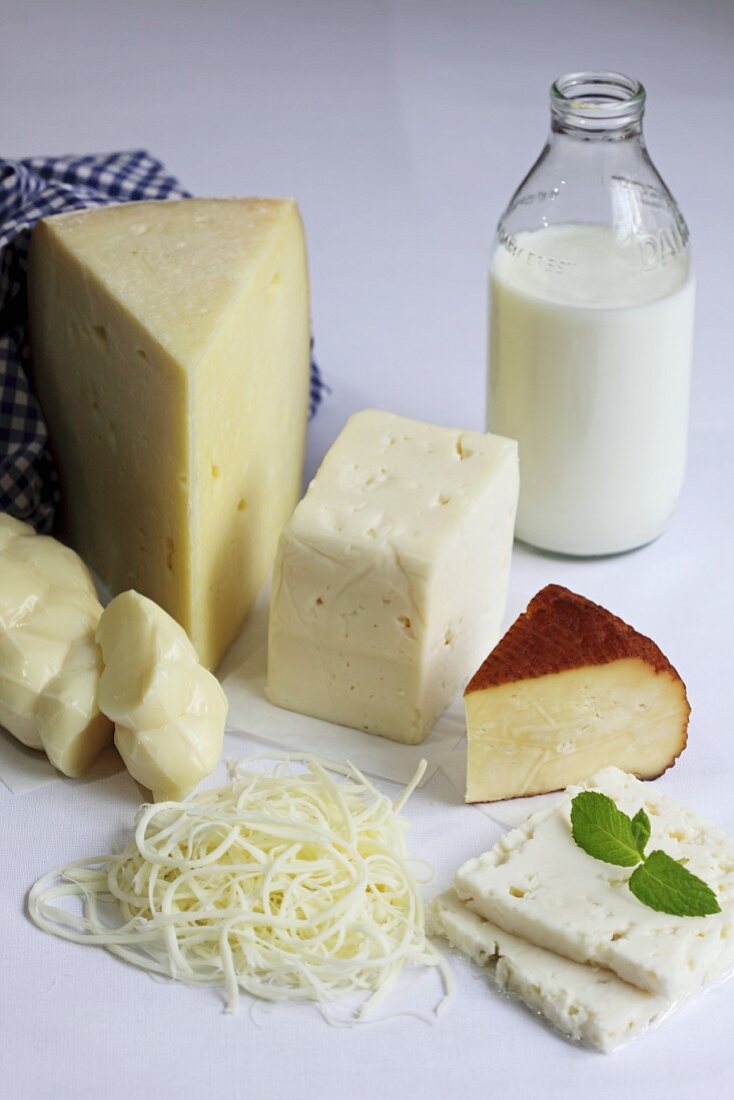 Turkish cheeses and a bottle of milk