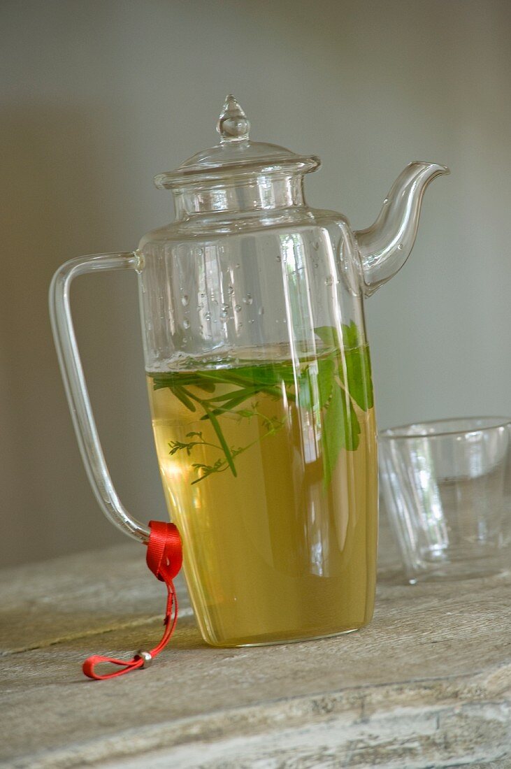 Herb infusion in glass teapot