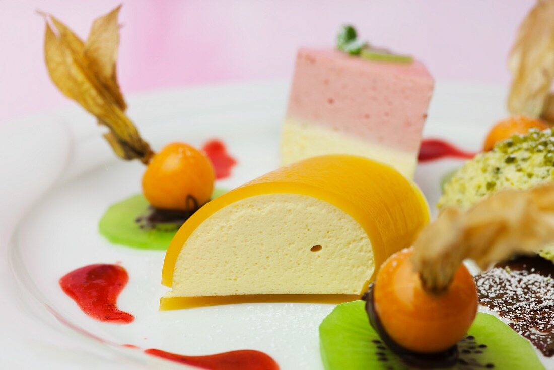 Mango mousse with physalis and kiwi