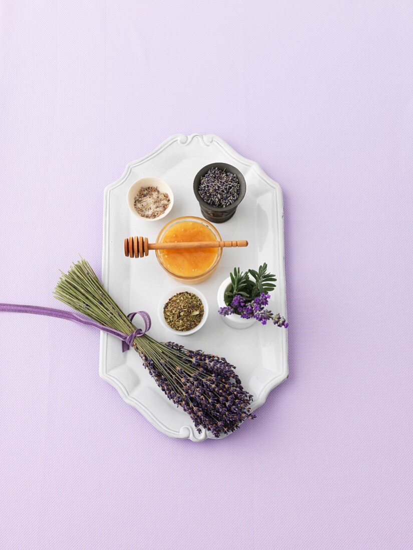 An arrangement of lavender (fresh, dried, honey and salt)