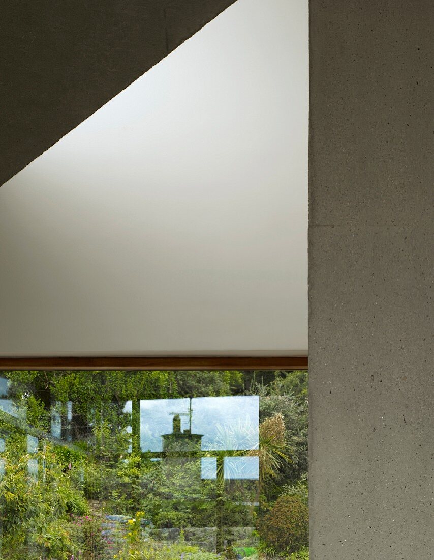 Detail of modern building with window and view of wild garden