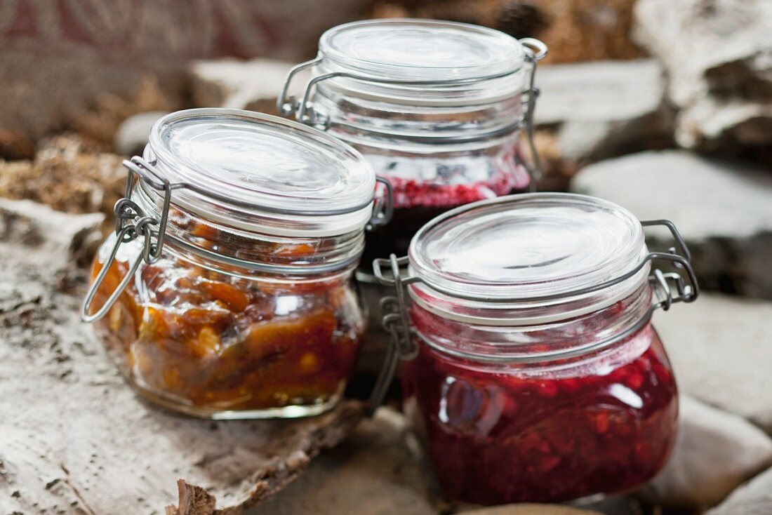 Cloudberry jam, red berry jam and blackcurrant jam