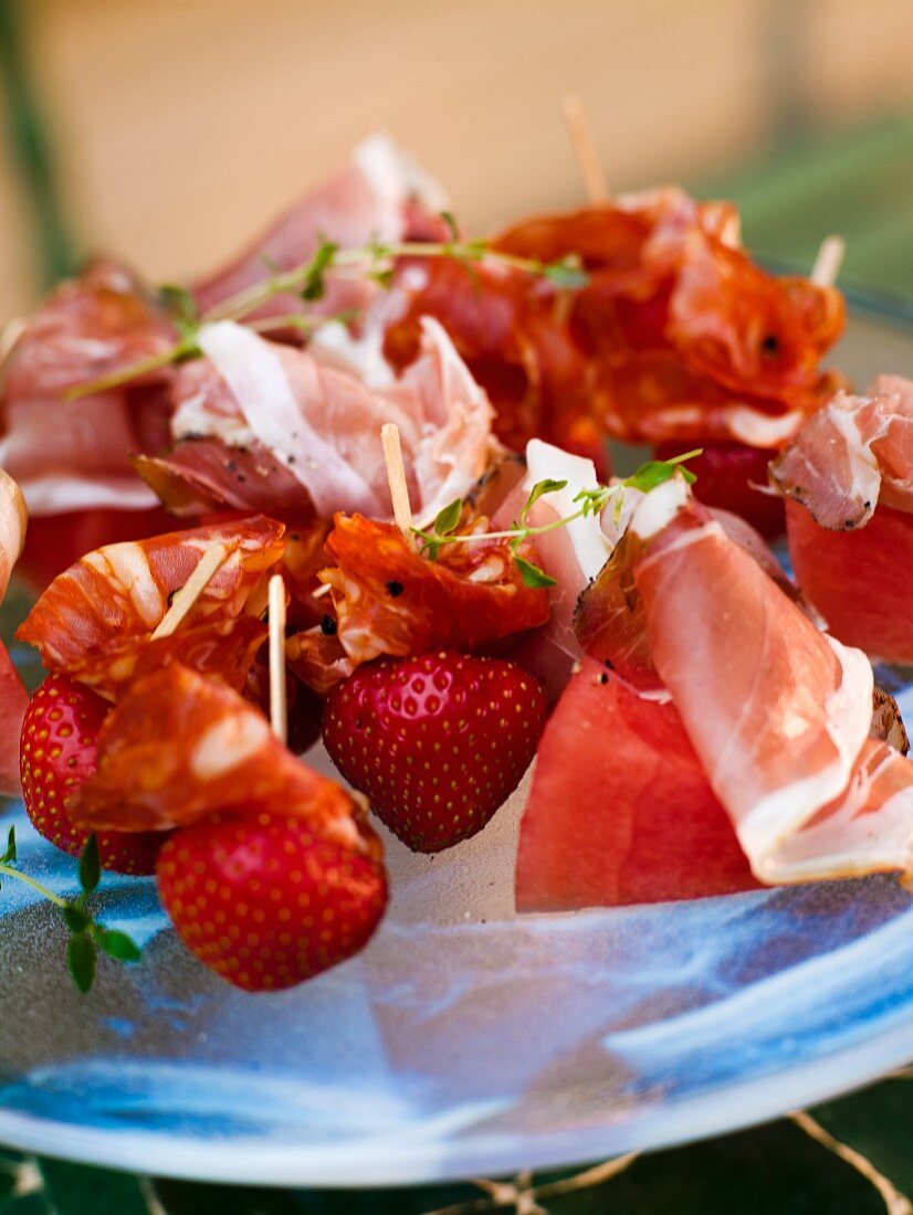 Strawberry and watermelon skewers with ham