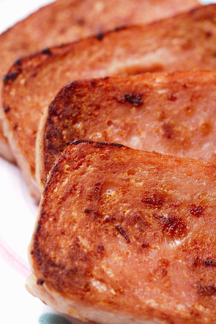 Pan Fried Spam Slices; Close Up