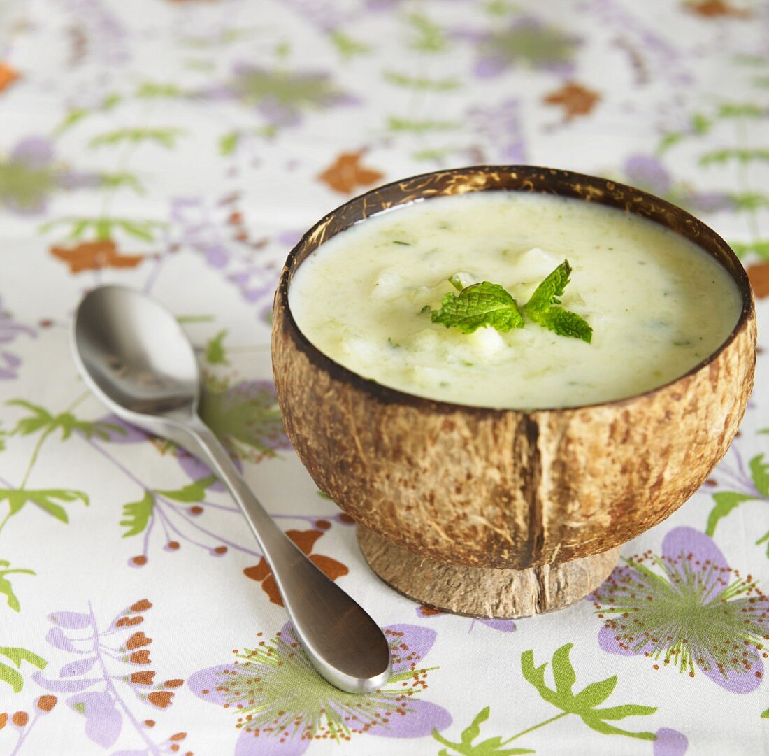 Bowl of Chilled Cucumber Soup with Mint