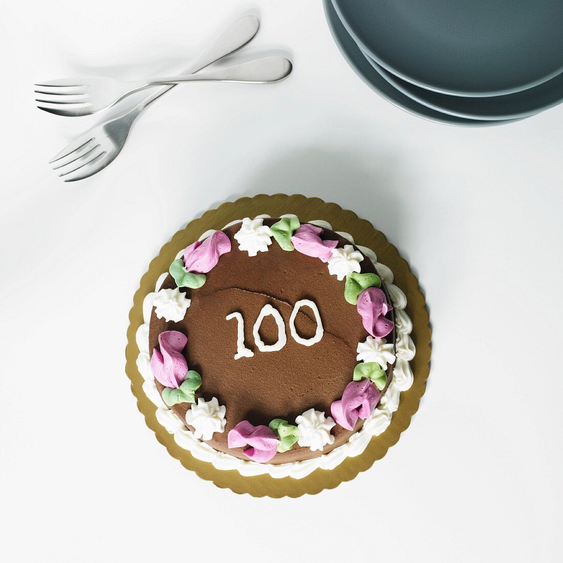 Chocolate Frosted Birthday Cake with the Number 100 On It; From Above