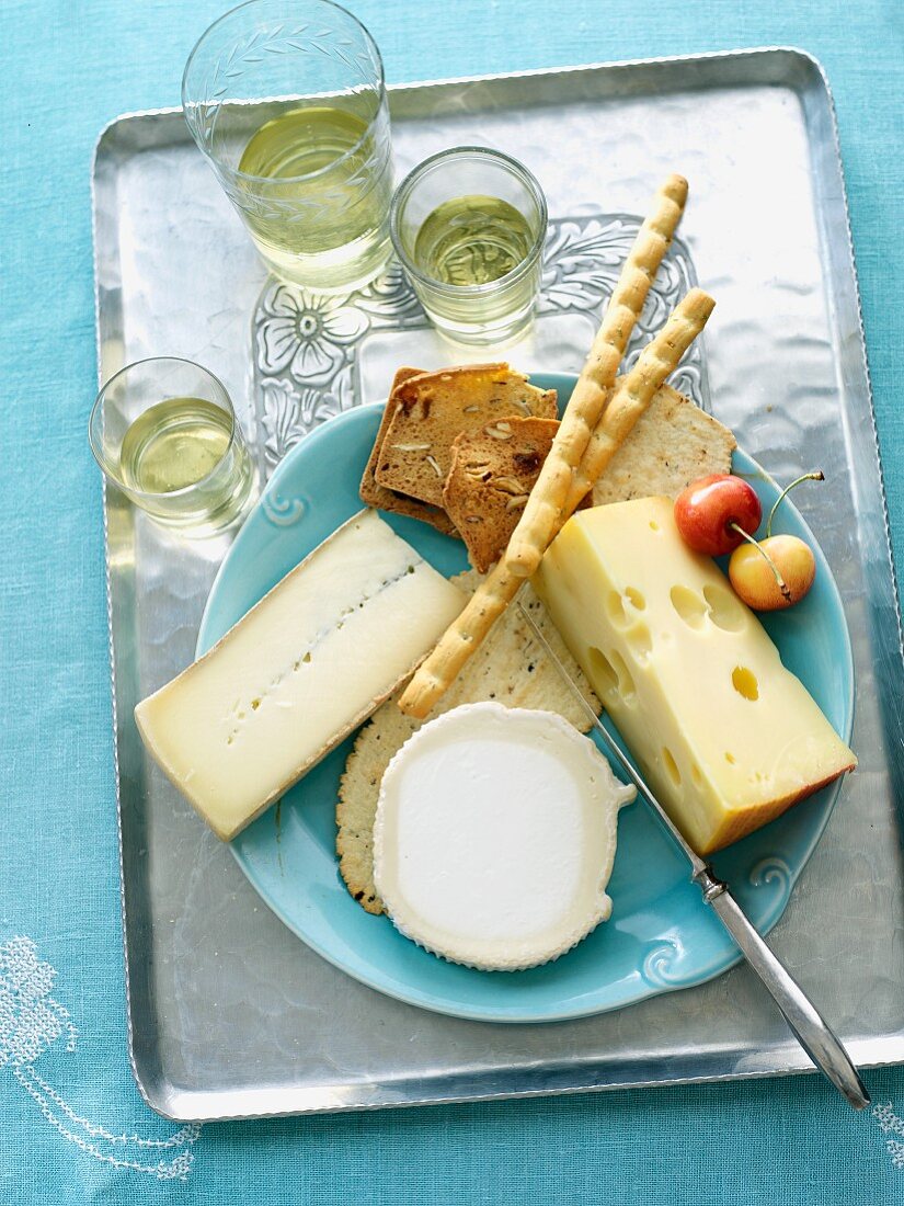 Assortment of Semi Soft Cheeses with Crackers and Bread Sticks; From Above