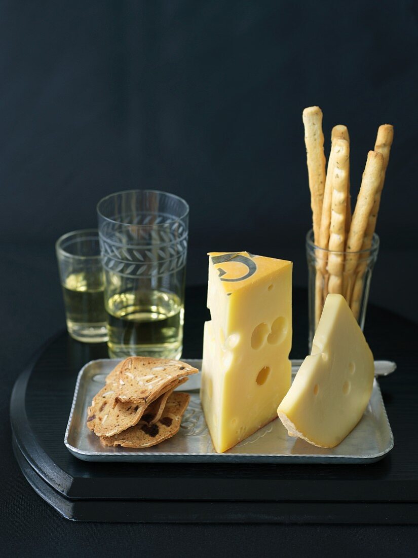 Fol Epi and Jalsberg Cheese with Crackers, Bread Sticks and White Wine
