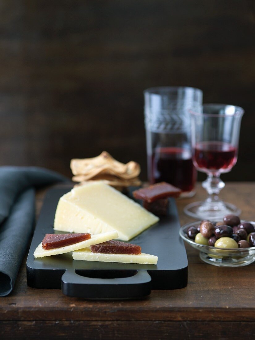 Hard Cheese with Quince Paste; Olives, Wine and Crackers