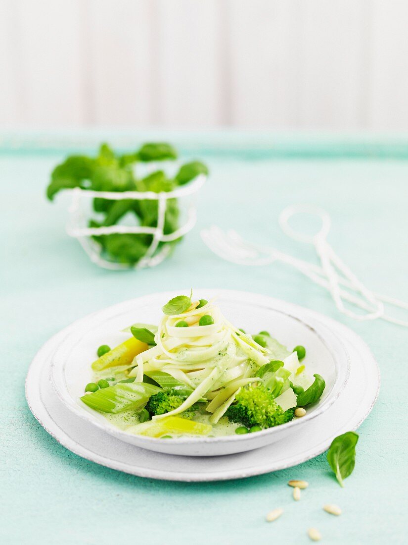 Thin tagliatelle with green vegetables and herbs
