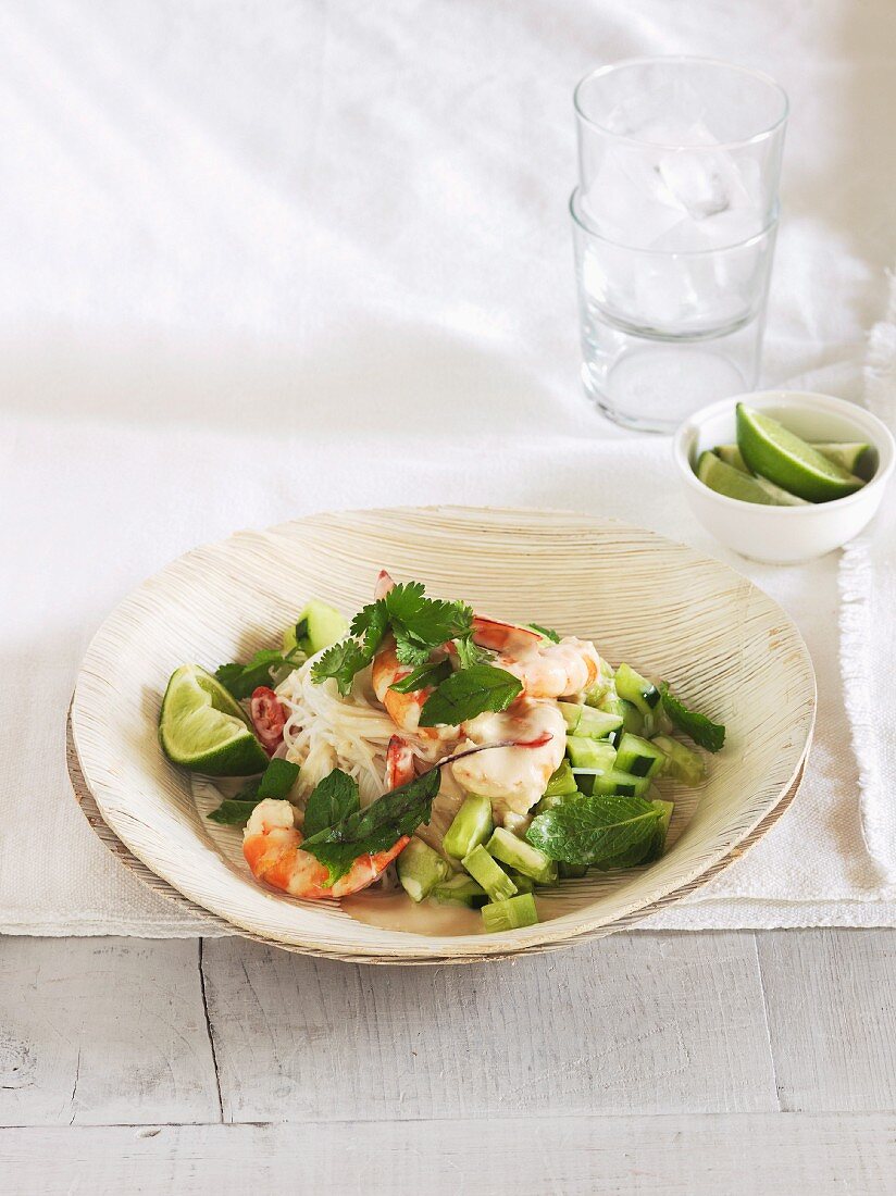 Prawns with rice noodles, cucumbers and Thai herbs