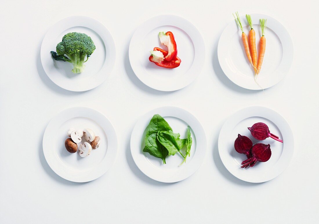 Various types of vegetables on white plates