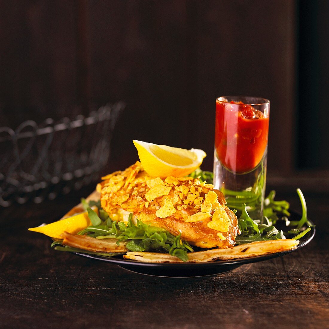 Chicken breast with a nacho crust and quesadillas