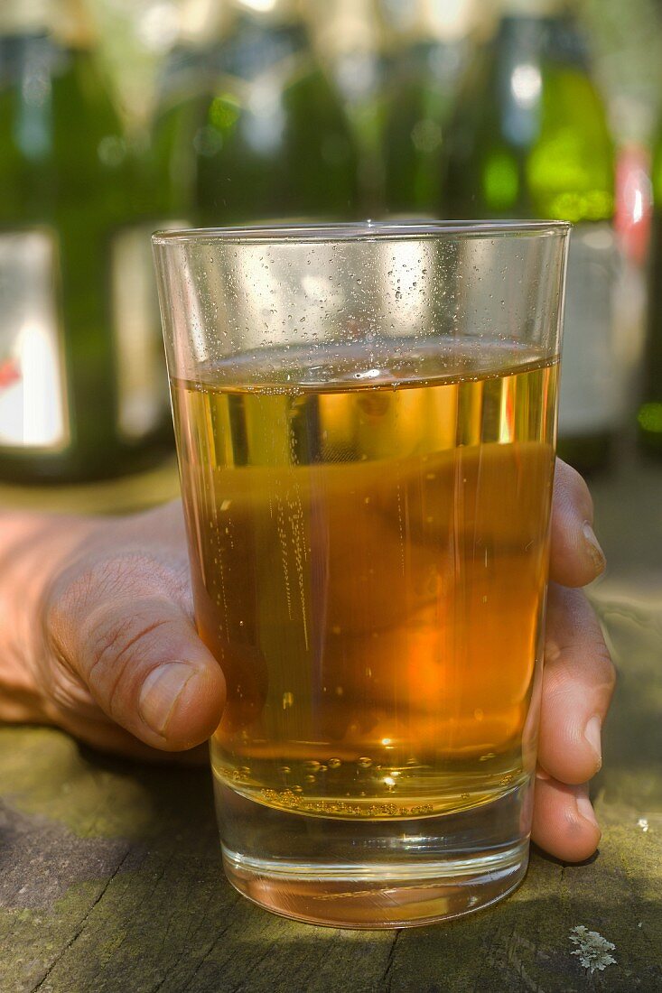 A hand holding a glass of apple wine