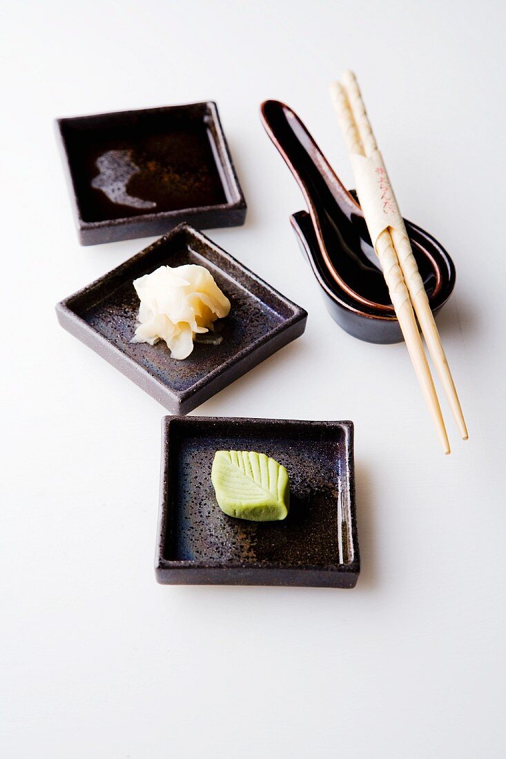 Side for sushi: wasabi, ginger and soy sauce