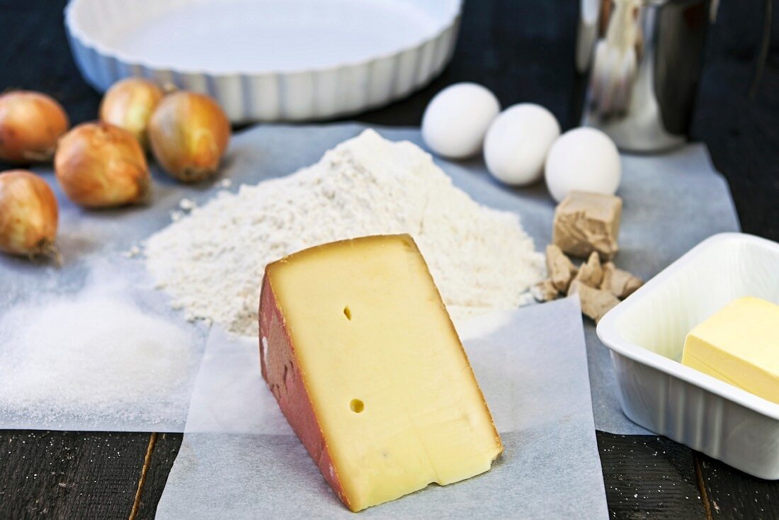 Ingredients for a Swiss cheese and onion tart