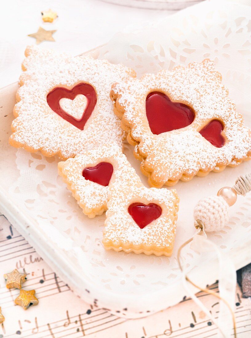 Shortbread biscuits with jam hearts