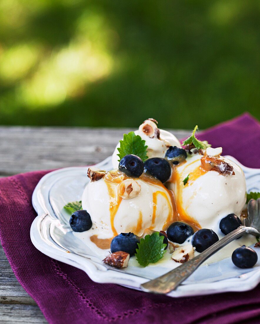 Vanilla ice cream with fresh blueberries and nuts