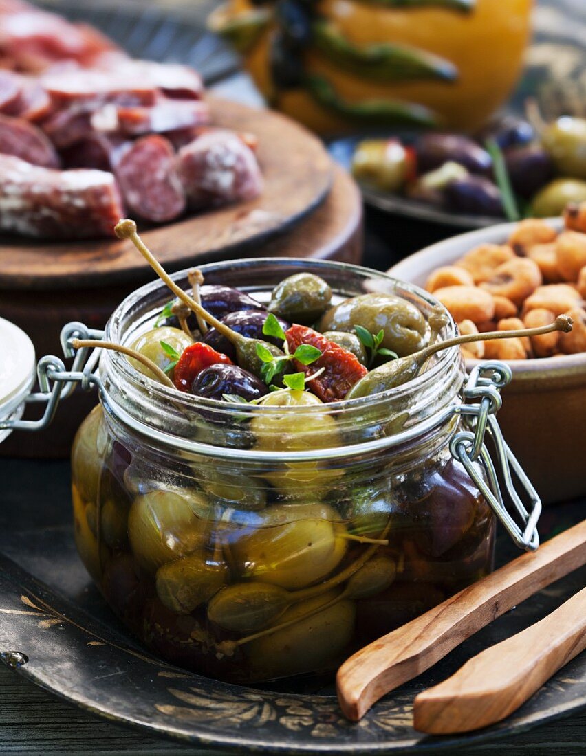 Olives and capers as antipasti