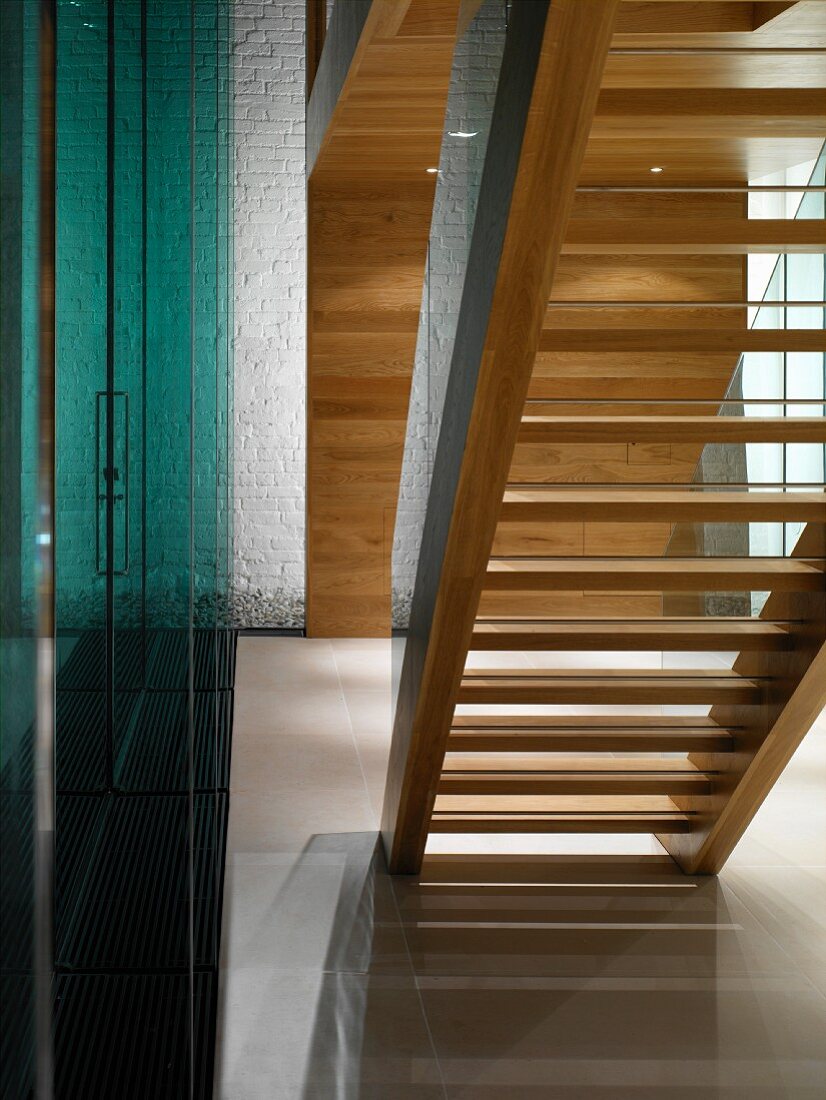 Bottom view of modern, wooden staircase