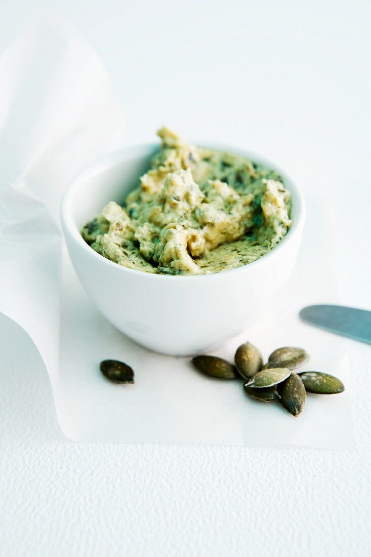 A bowl of pumpkin seed butter