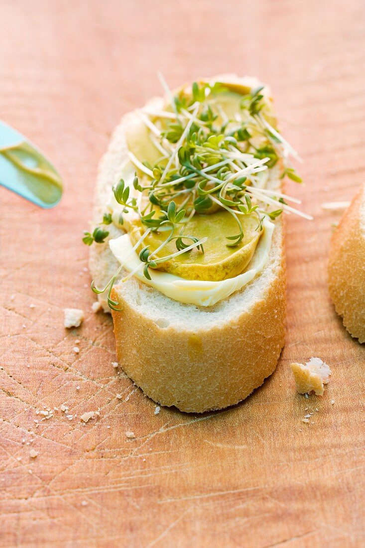 A slice of baguette topped with mustard and cress