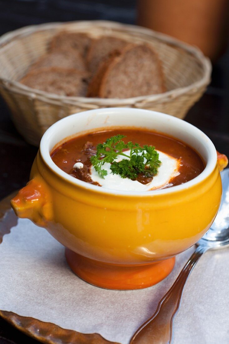 Goulash soup with creme fraiche and parsley