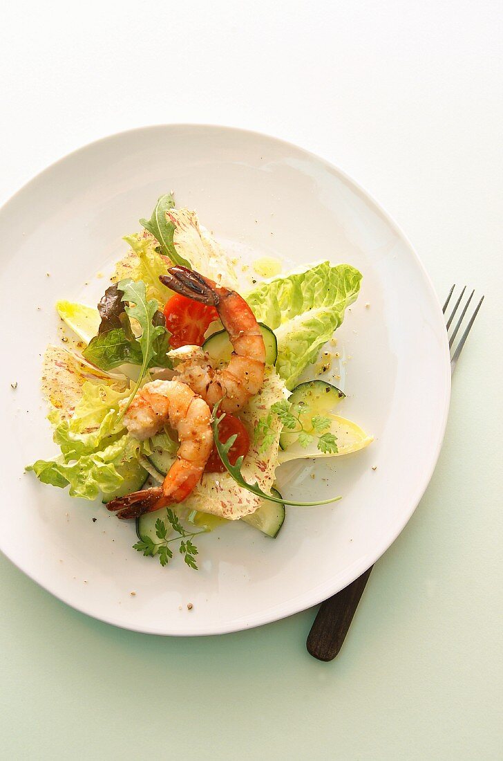 Blattsalat mit Gurken und Scampi