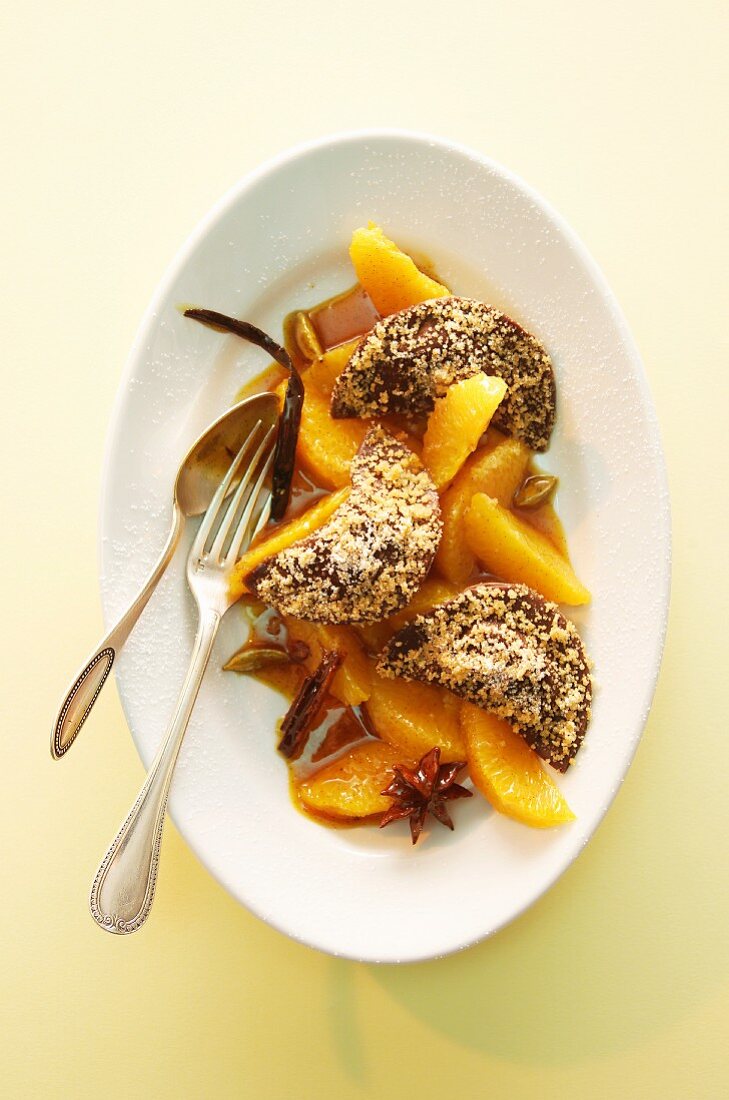 Chocolate and nougat ravioli with peaches