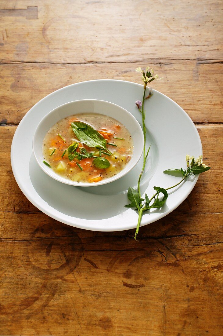Potato soup with herbs and carrots