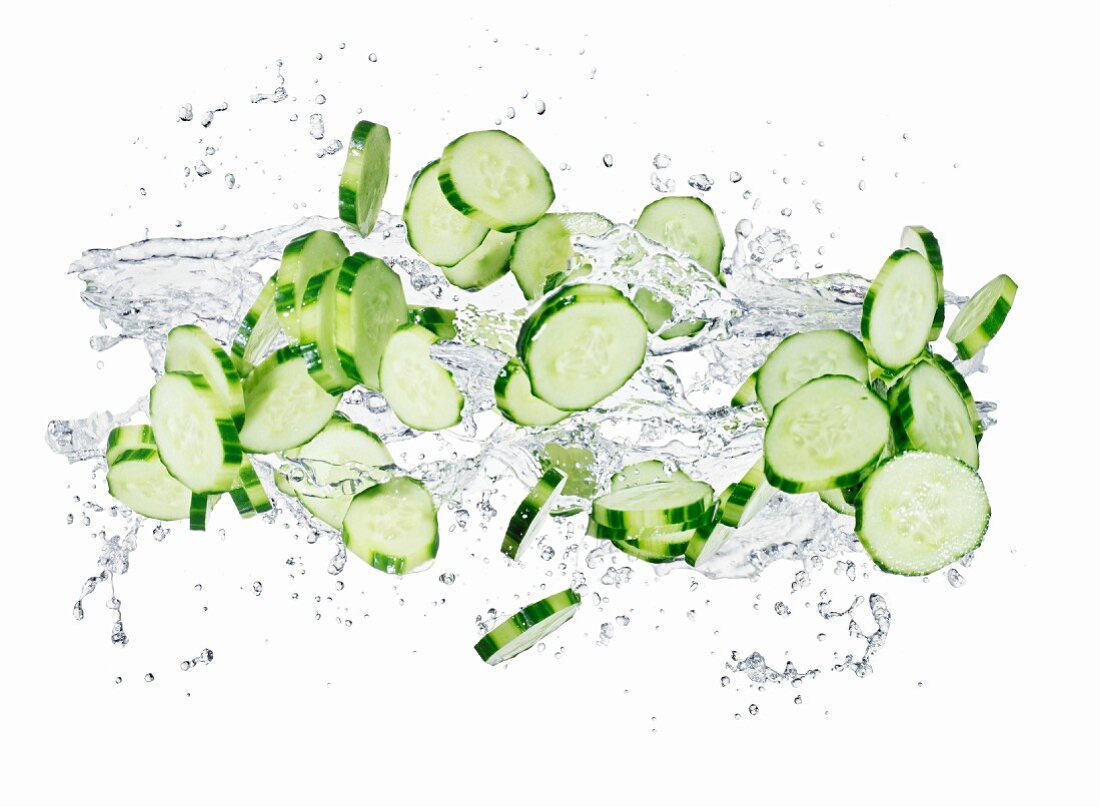 Cucumber slices with a splash of water