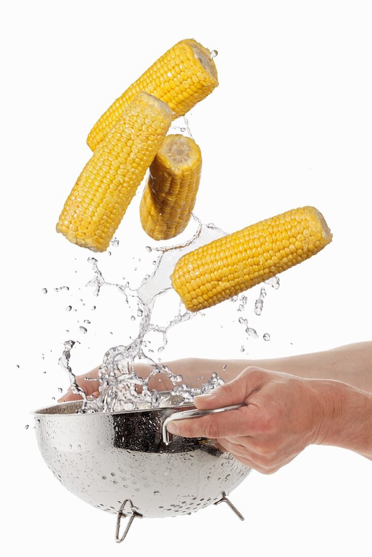 Washing corn on the cob in a colander